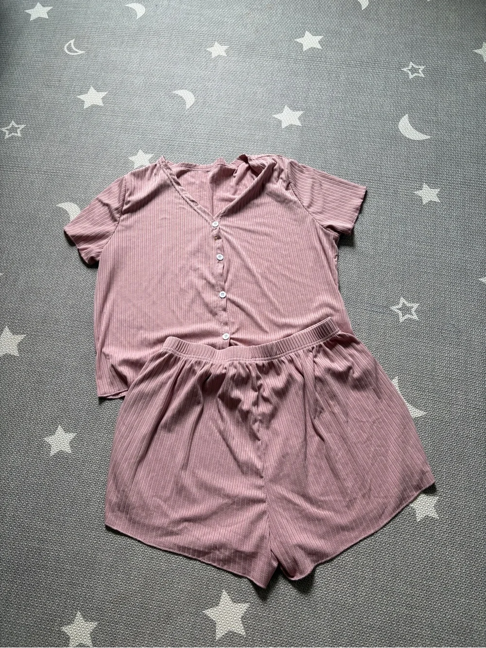 SHEIN Dusty Pink Ribbed Short-Sleeve Button Pajama Set